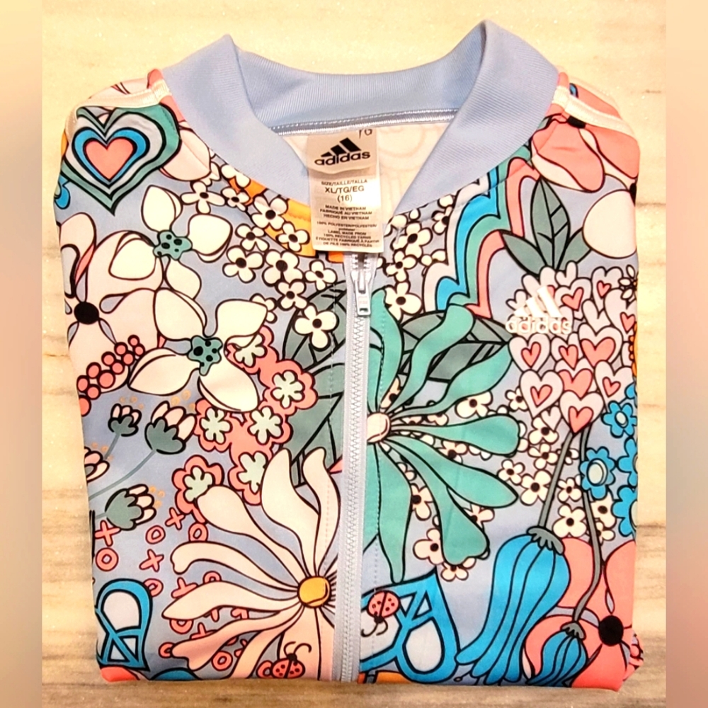 Adidas Girls Large Floral Tricot Track Jacket Full Zip Heart Peace Size 16